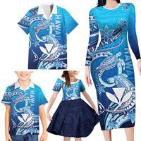 Hawaii Family Matching Long Sleeve Bodycon Dress and Hawaiian Shirt Turtle With Hammerhead Shark Oceanic