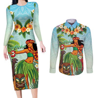 Hawaii Lei Day Couples Matching Long Sleeve Bodycon Dress and Long Sleeve Button Shirt Hula Girl With Tropical Forest