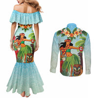 Hawaii Lei Day Couples Matching Mermaid Dress and Long Sleeve Button Shirt Hula Girl With Tropical Forest