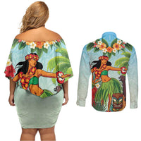 Hawaii Lei Day Couples Matching Off Shoulder Short Dress and Long Sleeve Button Shirt Hula Girl With Tropical Forest