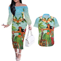 Hawaii Lei Day Couples Matching Off The Shoulder Long Sleeve Dress and Hawaiian Shirt Hula Girl With Tropical Forest DT04 Blue - Polynesian Pride