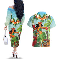 Hawaii Lei Day Couples Matching Off The Shoulder Long Sleeve Dress and Hawaiian Shirt Hula Girl With Tropical Forest DT04 - Polynesian Pride
