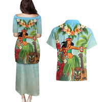 Hawaii Lei Day Couples Matching Puletasi and Hawaiian Shirt Hula Girl With Tropical Forest