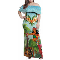Hawaii Lei Day Family Matching Off Shoulder Maxi Dress and Hawaiian Shirt Hula Girl With Tropical Forest
