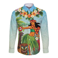 Hawaii Lei Day Long Sleeve Button Shirt Hula Girl With Tropical Forest