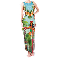 Hawaii Lei Day Tank Maxi Dress Hula Girl With Tropical Forest DT04 Women Blue - Polynesian Pride