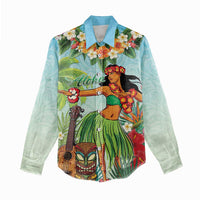 Hawaii Lei Day Women Casual Shirt Hula Girl With Tropical Forest