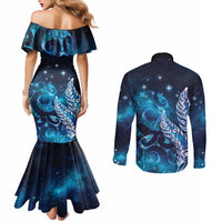 New Zealand Matariki Couples Matching Mermaid Dress and Long Sleeve Button Shirt Maori Koru Mix Silver Fern