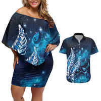 New Zealand Matariki Couples Matching Off Shoulder Short Dress and Hawaiian Shirt Maori Koru Mix Silver Fern