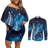 New Zealand Matariki Couples Matching Off Shoulder Short Dress and Long Sleeve Button Shirt Maori Koru Mix Silver Fern