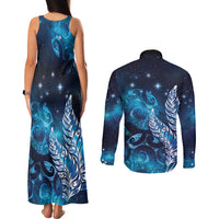 New Zealand Matariki Couples Matching Tank Maxi Dress and Long Sleeve Button Shirt Maori Koru Mix Silver Fern