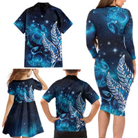 New Zealand Matariki Family Matching Long Sleeve Bodycon Dress and Hawaiian Shirt Maori Koru Mix Silver Fern