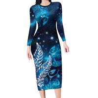 New Zealand Matariki Family Matching Long Sleeve Bodycon Dress and Hawaiian Shirt Maori Koru Mix Silver Fern