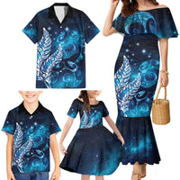New Zealand Matariki Family Matching Mermaid Dress and Hawaiian Shirt Maori Koru Mix Silver Fern