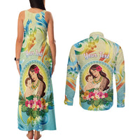 Personalised Hawaii Mother's Day Couples Matching Tank Maxi Dress and Long Sleeve Button Shirt I Love You Mom