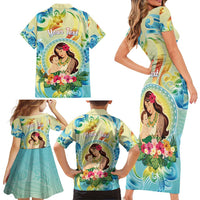 Personalised Hawaii Mother's Day Family Matching Short Sleeve Bodycon Dress and Hawaiian Shirt I Love You Mom
