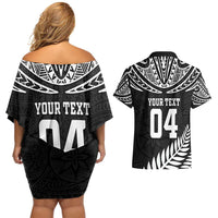 Custom New Zealand Rugby Couples Matching Off Shoulder Short Dress and Hawaiian Shirt Silver Fern Maori Pattern