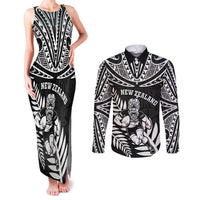 Custom New Zealand Rugby Couples Matching Tank Maxi Dress and Long Sleeve Button Shirt Silver Fern Maori Pattern
