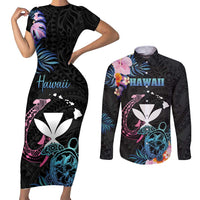 Personalised Hawaii Couples Matching Short Sleeve Bodycon Dress and Long Sleeve Button Shirt Kanaka Maoli With Fish Hook