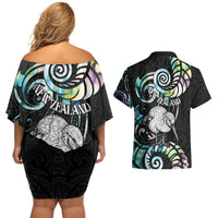 New Zealand Kiwi Bird Couples Matching Off Shoulder Short Dress and Hawaiian Shirt Silver Fern Koru Paua Shell
