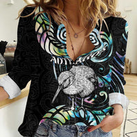 New Zealand Kiwi Bird Women Casual Shirt Silver Fern Koru Paua Shell