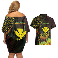 Personalised Hawaii Couples Matching Off Shoulder Short Dress and Hawaiian Shirt Kanaka Maoli With Hammerhead Shark