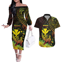 Personalised Hawaii Couples Matching Off The Shoulder Long Sleeve Dress and Hawaiian Shirt Kanaka Maoli With Hammerhead Shark