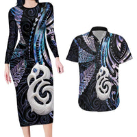 New Zealand Aotearoa Couples Matching Long Sleeve Bodycon Dress and Hawaiian Shirt Maori Hei Manaia Purple Paua Shell