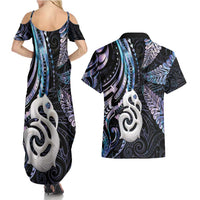 New Zealand Aotearoa Couples Matching Summer Maxi Dress and Hawaiian Shirt Maori Hei Manaia Purple Paua Shell