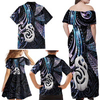 New Zealand Aotearoa Family Matching Off Shoulder Maxi Dress and Hawaiian Shirt Maori Hei Manaia Purple Paua Shell