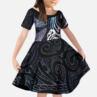 New Zealand Aotearoa Kid Short Sleeve Dress Maori Hei Manaia Purple Paua Shell