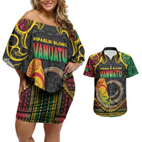 Vanuatu Language Week Couples Matching Off Shoulder Short Dress and Hawaiian Shirt Boar Tusk Warrior Tribal Floral Pattern