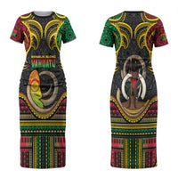 Vanuatu Language Week Couples Matching Short Sleeve Bodycon Dress and Long Sleeve Button Shirt Boar Tusk Warrior Tribal Floral Pattern DT05 - Polynesian Pride