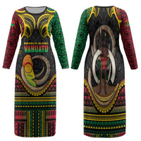 Vanuatu Language Week Family Matching Long Sleeve Bodycon Dress and Hawaiian Shirt Boar Tusk Warrior Tribal Floral Pattern DT05 Mom's Dress Black - Polynesian Pride