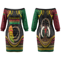 Vanuatu Language Week Family Matching Off The Shoulder Long Sleeve Dress and Hawaiian Shirt Boar Tusk Warrior Tribal Floral Pattern DT05 Mom's Dress Black - Polynesian Pride