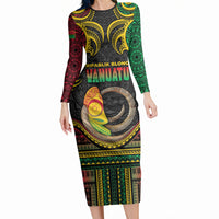 Vanuatu Language Week Long Sleeve Bodycon Dress Boar Tusk Warrior Tribal Floral Pattern DT05 Long Dress Black - Polynesian Pride