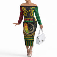 Vanuatu Language Week Off The Shoulder Long Sleeve Dress Boar Tusk Warrior Tribal Floral Pattern DT05 Women Black - Polynesian Pride
