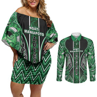 Aotearoa Ngati Maniapoto Couples Matching Off Shoulder Short Dress and Long Sleeve Button Shirt Maori Tribal Green Paua Shell Pattern DT05 Green - Polynesian Pride