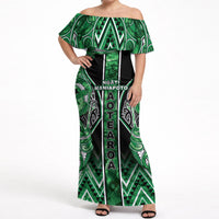 Aotearoa Ngati Maniapoto Off Shoulder Maxi Dress Maori Tribal Green Paua Shell Pattern DT05 Women Green - Polynesian Pride