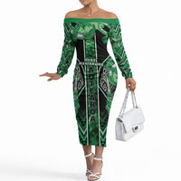Aotearoa Ngati Maniapoto Off The Shoulder Long Sleeve Dress Maori Tribal Green Paua Shell Pattern DT05 Women Green - Polynesian Pride