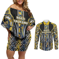 Aotearoa Ngati Raukawa Couples Matching Off Shoulder Short Dress and Long Sleeve Button Shirt Maori Tribal Yellow And Navy Paua Shell Pattern DT05 Yellow - Polynesian Pride