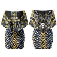 Aotearoa Ngati Raukawa Couples Matching Off Shoulder Short Dress and Long Sleeve Button Shirt Maori Tribal Yellow And Navy Paua Shell Pattern DT05 - Polynesian Pride