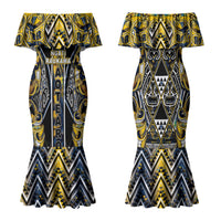 Aotearoa Ngati Raukawa Family Matching Mermaid Dress and Hawaiian Shirt Maori Tribal Yellow And Navy Paua Shell Pattern DT05 Mom's Dress Yellow - Polynesian Pride