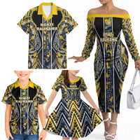 Aotearoa Ngati Raukawa Family Matching Off The Shoulder Long Sleeve Dress and Hawaiian Shirt Maori Tribal Yellow And Navy Paua Shell Pattern DT05 - Polynesian Pride