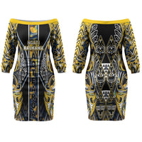 Aotearoa Ngati Raukawa Family Matching Off The Shoulder Long Sleeve Dress and Hawaiian Shirt Maori Tribal Yellow And Navy Paua Shell Pattern DT05 Mom's Dress Yellow - Polynesian Pride
