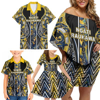 Aotearoa Ngati Raukawa Family Matching Off Shoulder Short Dress and Hawaiian Shirt Maori Tribal Yellow And Navy Paua Shell Pattern DT05 - Polynesian Pride