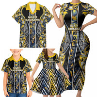 Aotearoa Ngati Raukawa Family Matching Short Sleeve Bodycon Dress and Hawaiian Shirt Maori Tribal Yellow And Navy Paua Shell Pattern DT05 - Polynesian Pride