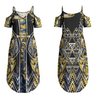 Aotearoa Ngati Raukawa Family Matching Summer Maxi Dress and Hawaiian Shirt Maori Tribal Yellow And Navy Paua Shell Pattern DT05 Mom's Dress Yellow - Polynesian Pride