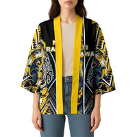 Aotearoa Ngati Raukawa Kimono Maori Tribal Yellow And Navy Paua Shell Pattern DT05 - Polynesian Pride
