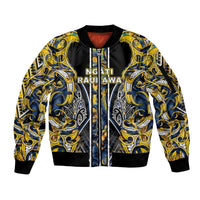 Aotearoa Ngati Raukawa Sleeve Zip Bomber Jacket Maori Tribal Yellow And Navy Paua Shell Pattern DT05 Unisex Yellow - Polynesian Pride
